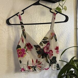 White Floral Button-Front Crop Top with Pink Flowers